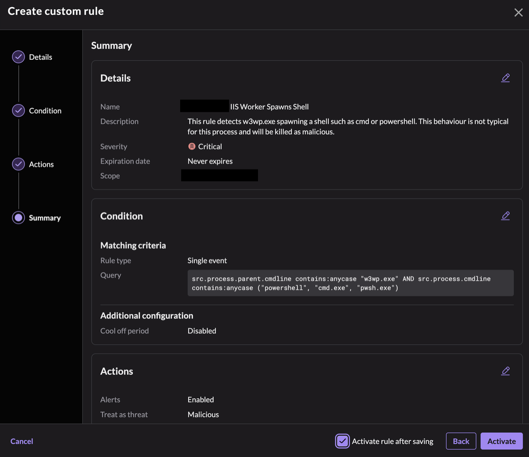 Custom EDR rule detecting and killing command interpreters spawned by the IIS worker process